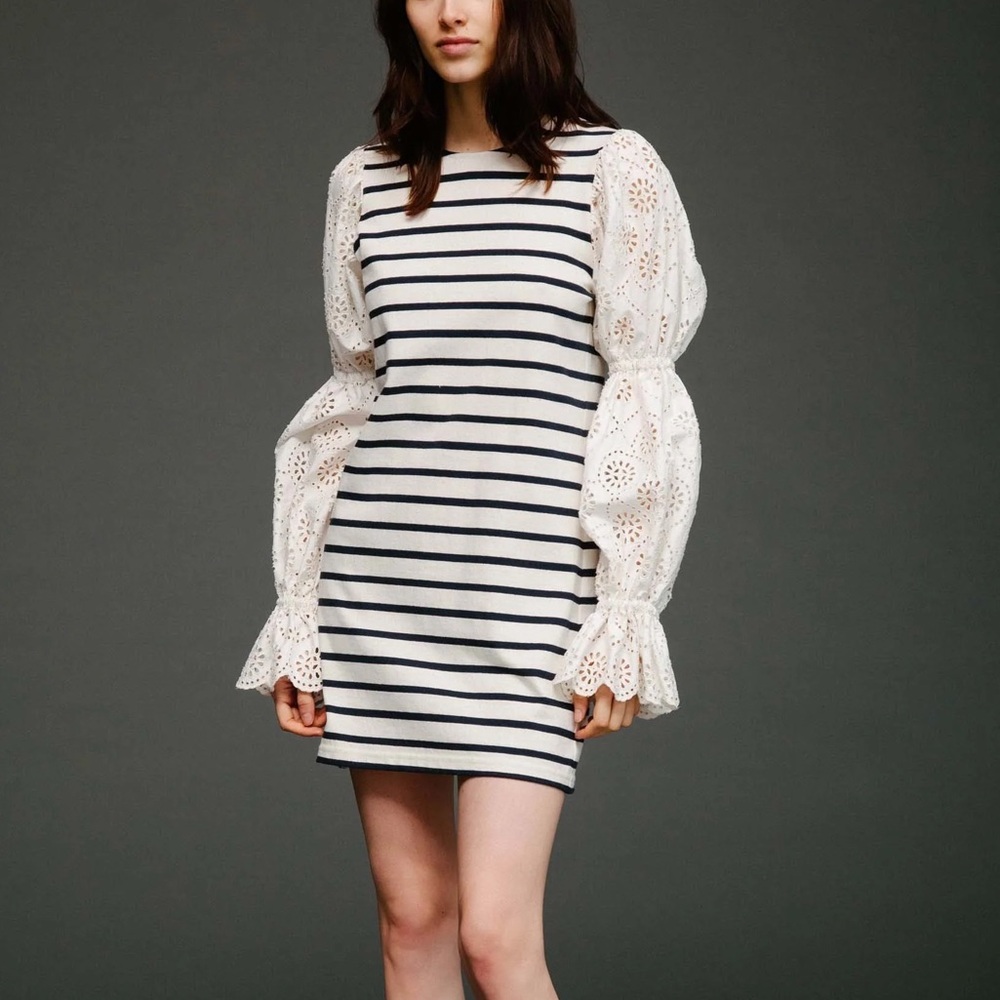 SEA New York Cotton Striped Gathered Eyelet Sleeve Dress Size Large
